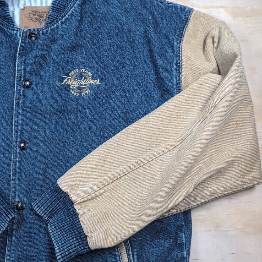 Vintage 1992 Freightliner 50 Years Varsity Bomber Jacket Denim Canvas Sz M